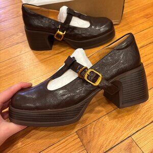 Dwarves Brown Leather Block Heel Mary Janes, Size 8